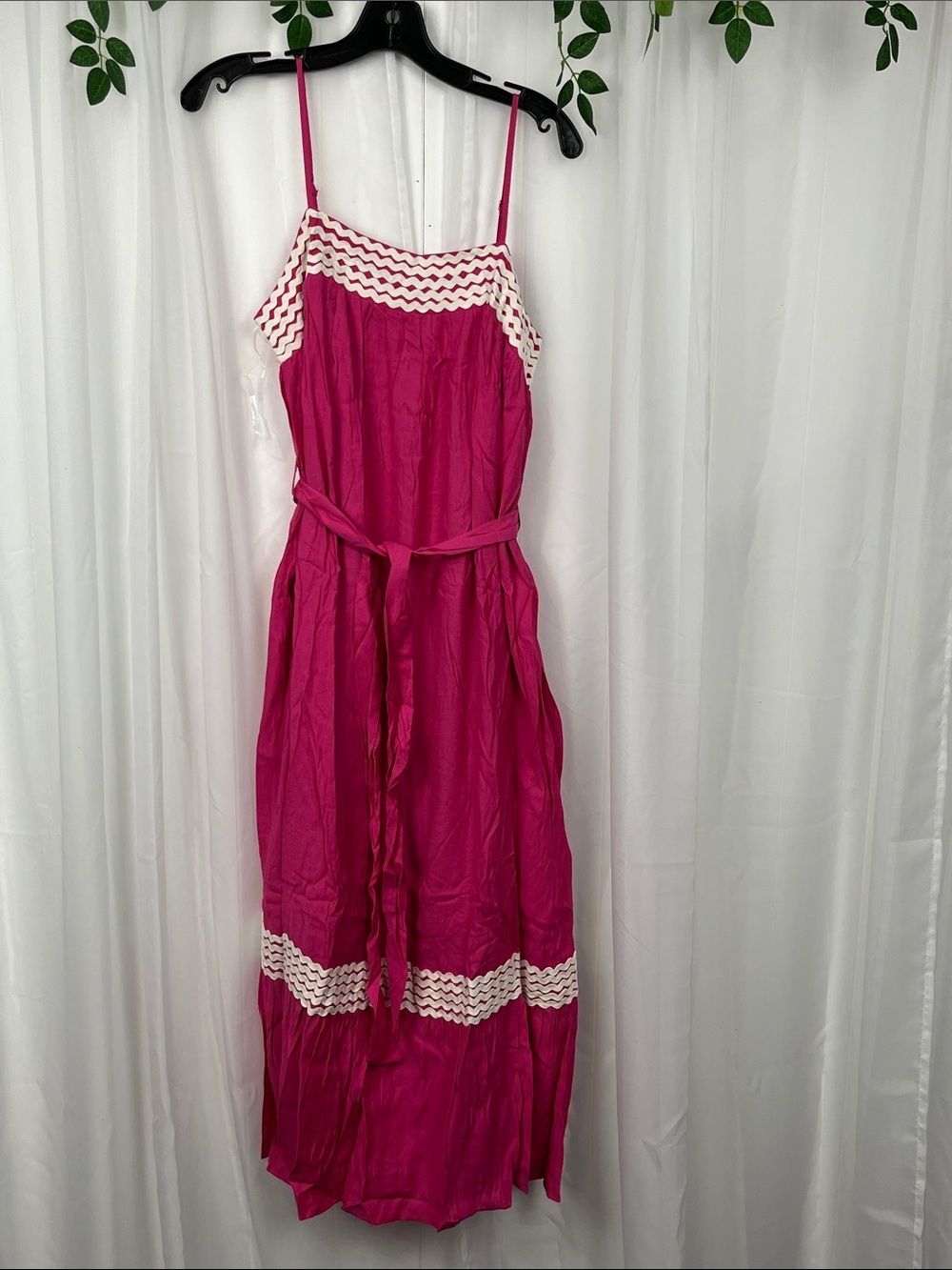 Entro Maxi Dress L Dark Pink Adj Straps Smocked Back Rickrack Details Pocket NWT